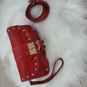 Kathy Van Zeeland Red Crossbody Studded Purse Rhinestone Logo Heart